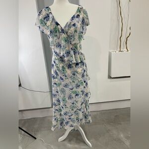White House Black Market Floral Ruffle Maxi Dress - Blue and Green